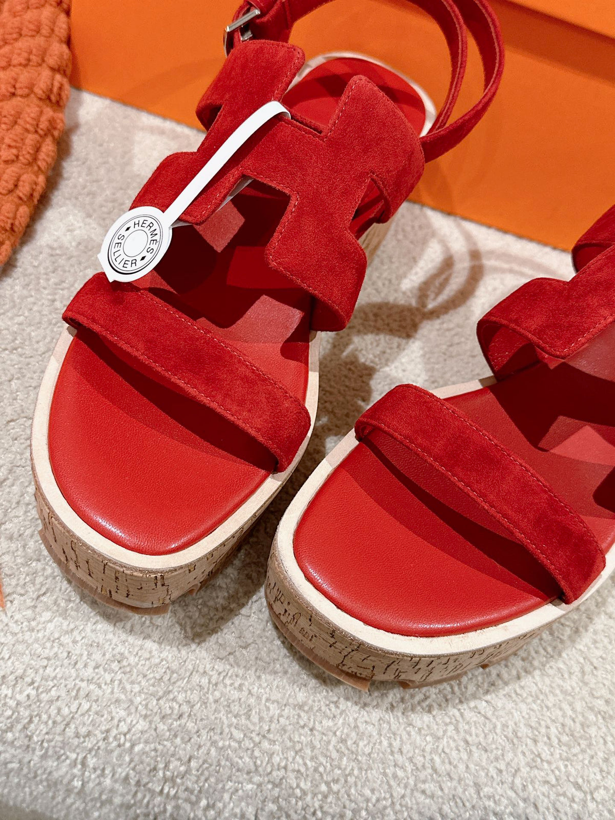 HERMES 25S HAVANE WEDGE SANDAL IN RED SUEDE