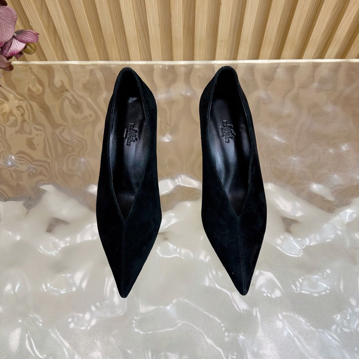 HERMES 25S HIGH-HEEL WEDGE SHOES 50 MM IN BLACK SUEDE