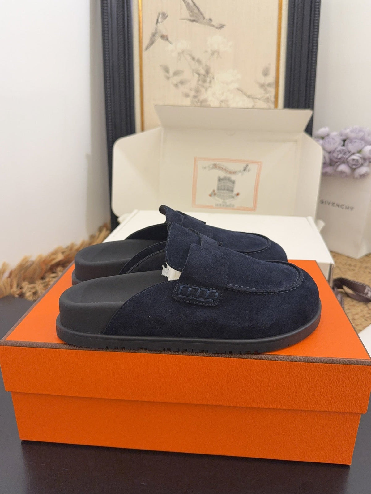 HERMES 25S MULE IN DARK SLATE BLUE SUEDE