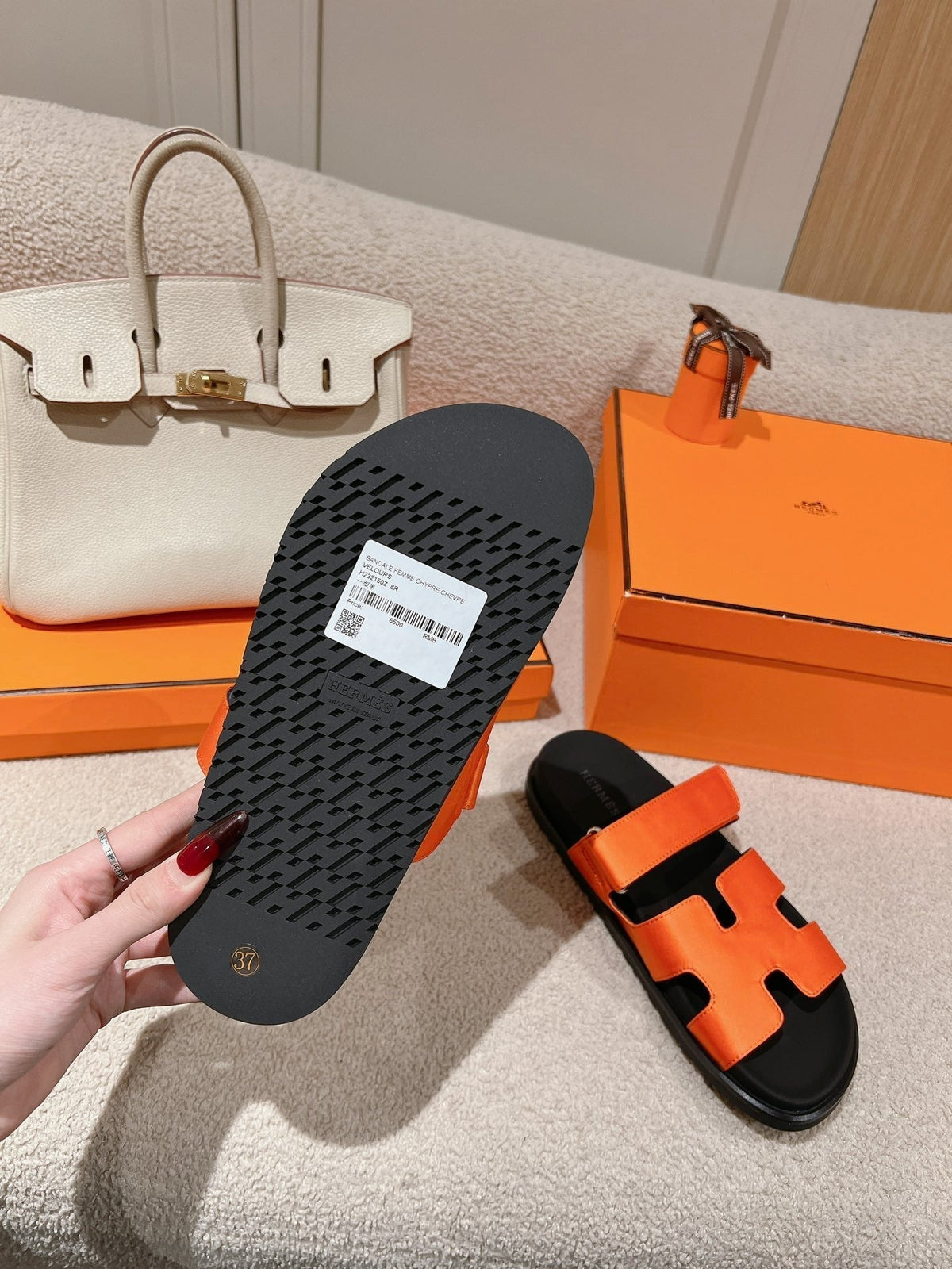 HERMES CHYPRE SANDAL BLACK MIX DARK ORANGE CALFSKIN