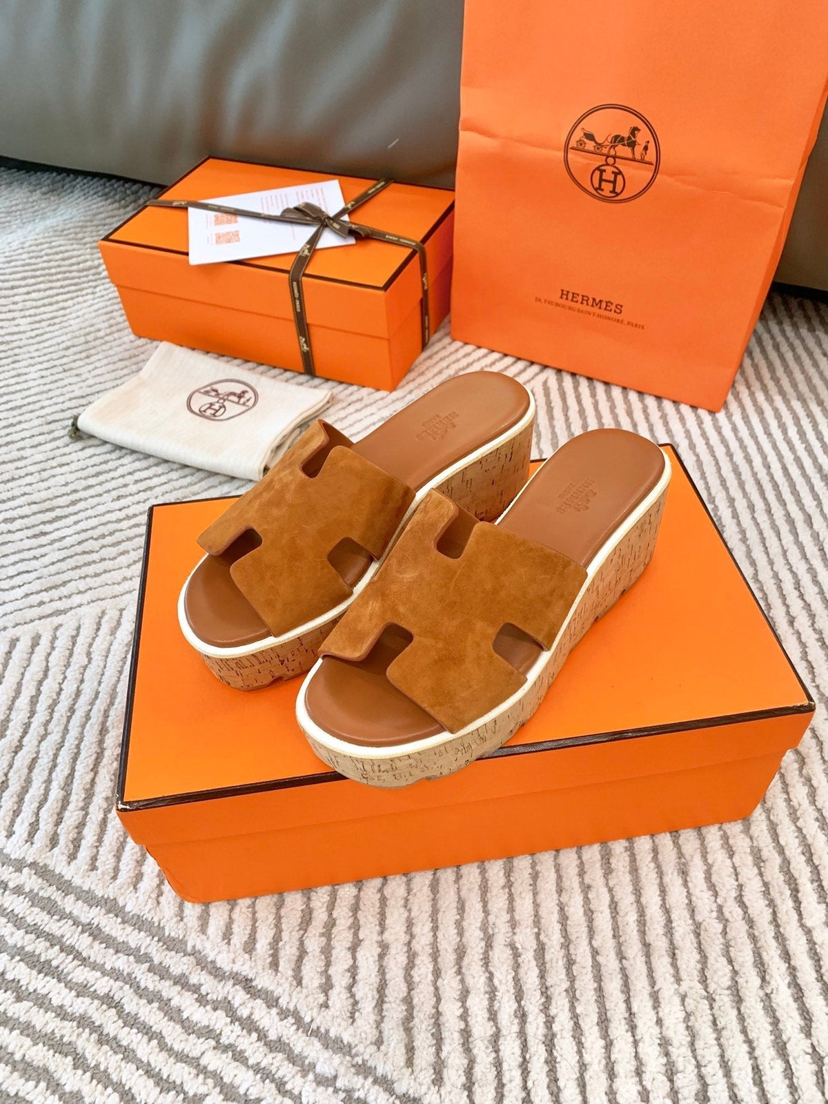 HERMES EZE 65 SANDAL BRIGHT BROWN SUEDE